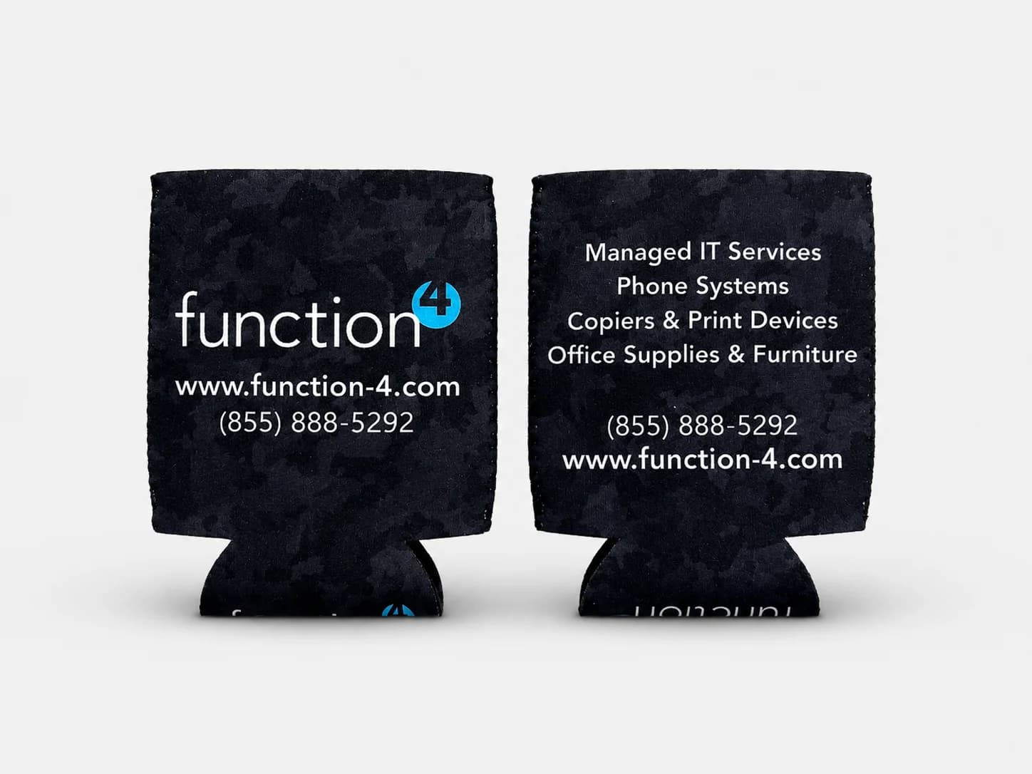 Black camo can coolers for Function 4, printed with the logo on the front and the service list on the back