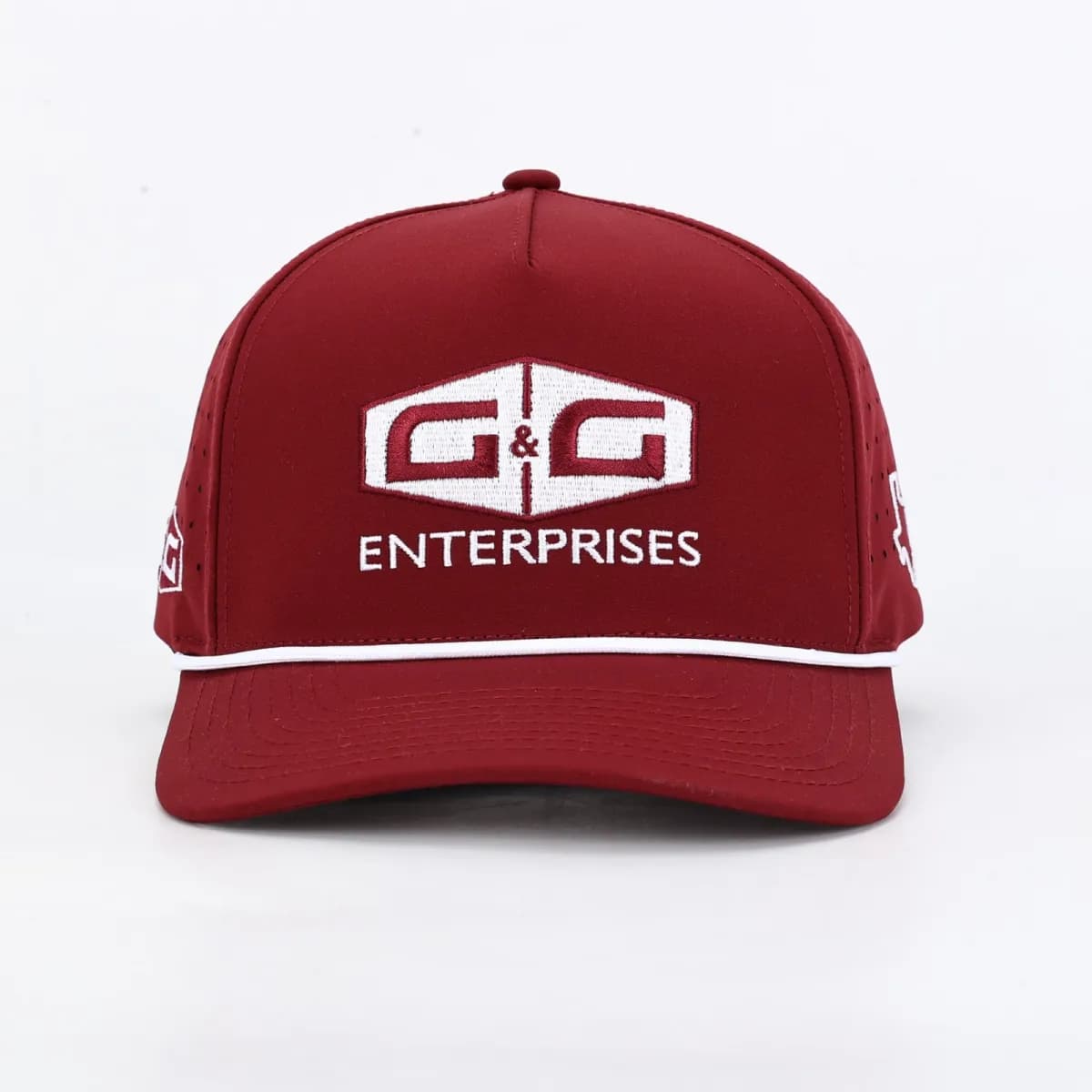 Maroon G&G Enterprises rope cap with the shield logo in white puff embroidery