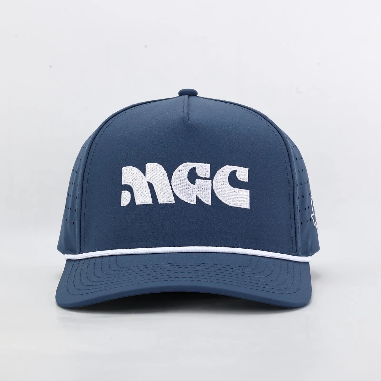 Blue MGC rope cap with the MGC wordmark embroidered in white
