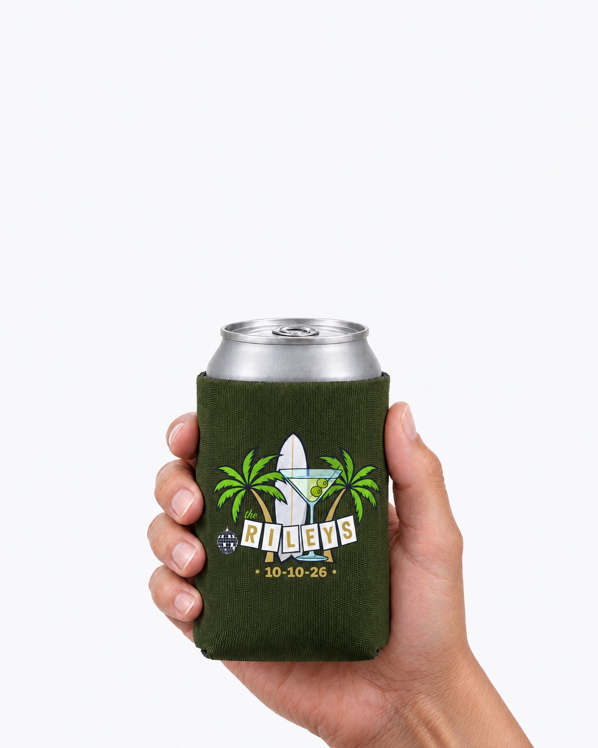 Mockup of an olive can cooler printed for the Rileys, held in a hand
