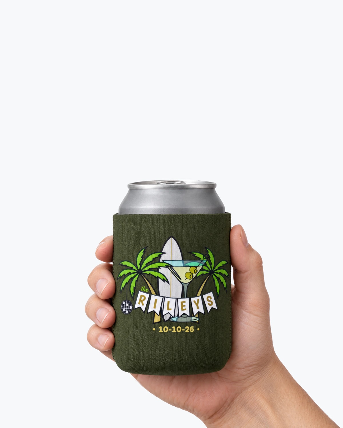 Mockup of an olive can cooler printed for the Rileys, held in a hand