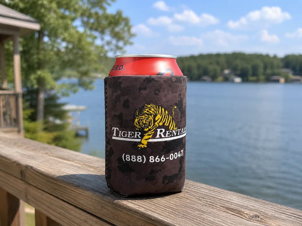 Camo neoprene can koozie with custom Tiger Rentals branding on a lakeside deck rail