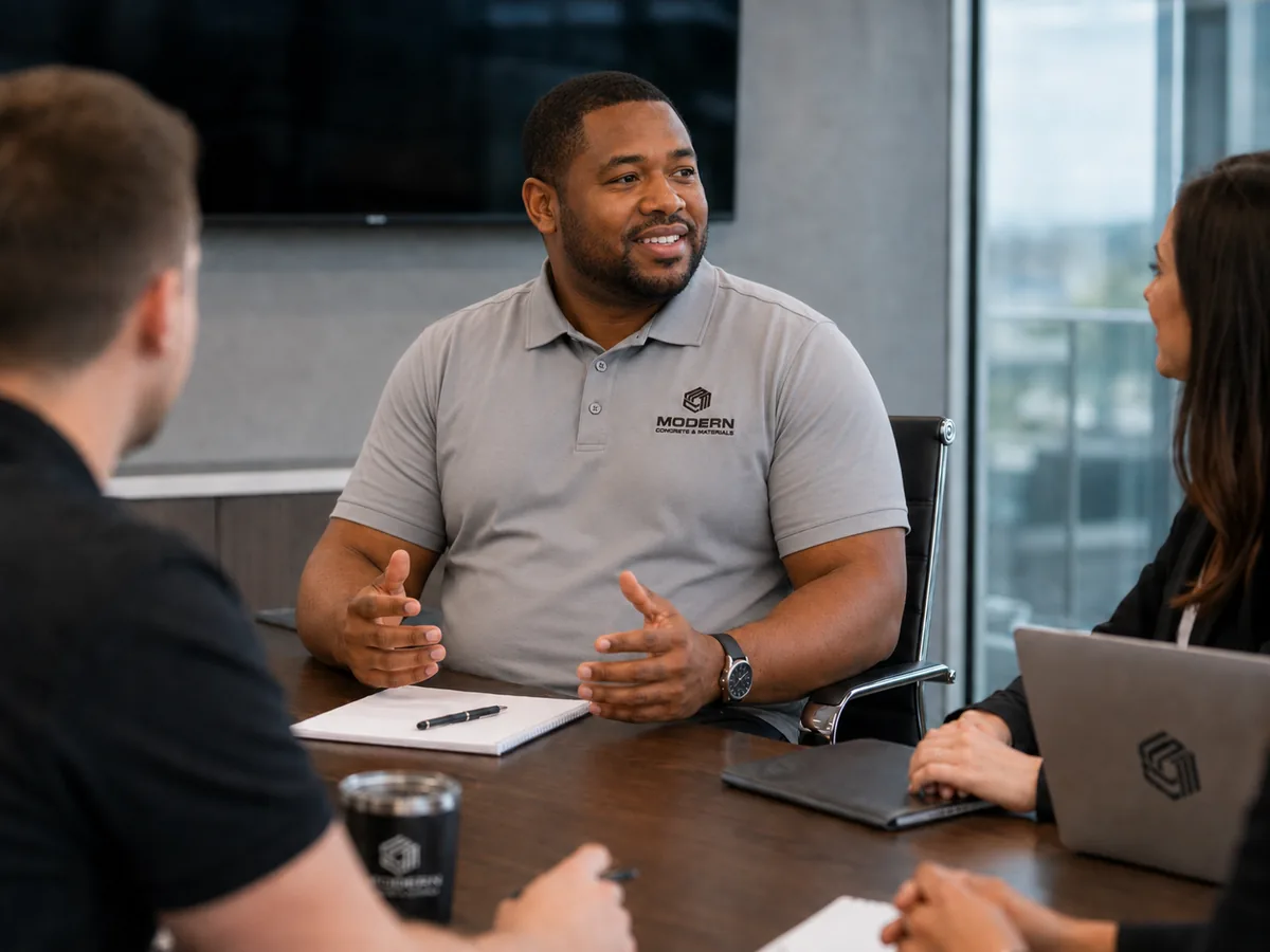 Team member in a grey embroidered Reel48 polo during a client meeting